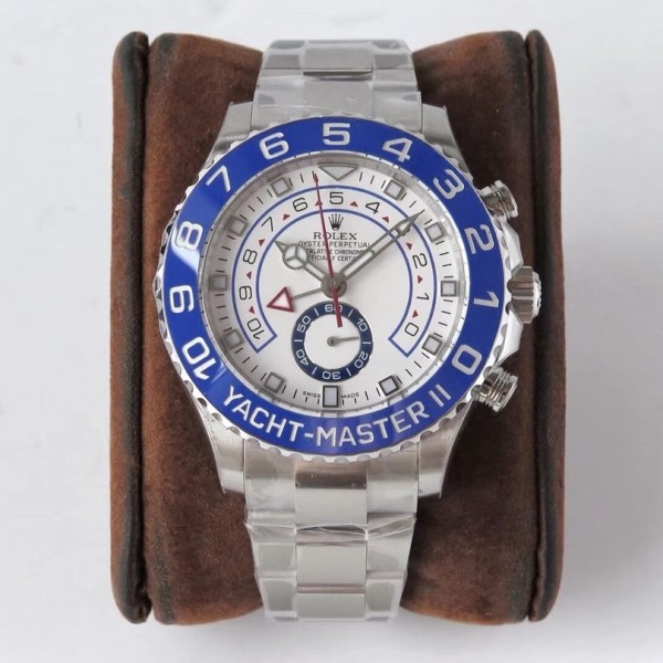 Rolex Yacht-Master series, white dial, blue bezel, silver case, 44mm, silver Oyster bracelet.